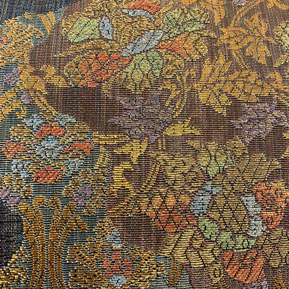 【庫存清倉】 【美品】 袋帶 名品級 じゅらく 落款 草花紋 波 金金箔 金絲 墨色 大鼓圖案 純蠶絲
