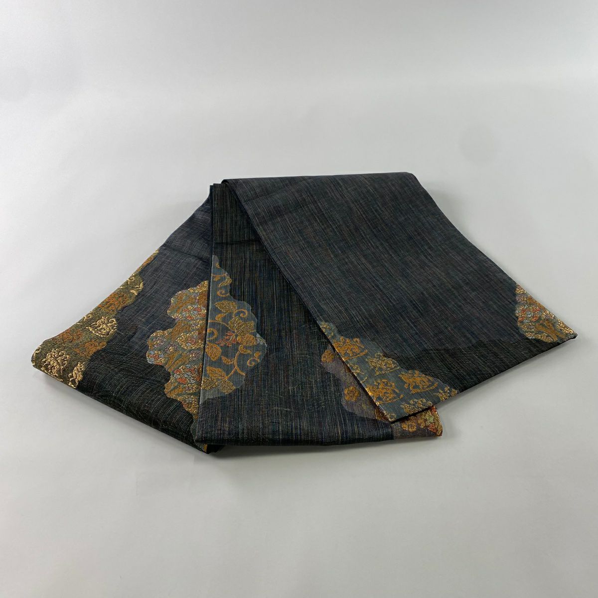 【庫存清倉】 【美品】 袋帶 名品級 じゅらく 落款 草花紋 波 金金箔 金絲 墨色 大鼓圖案 純蠶絲