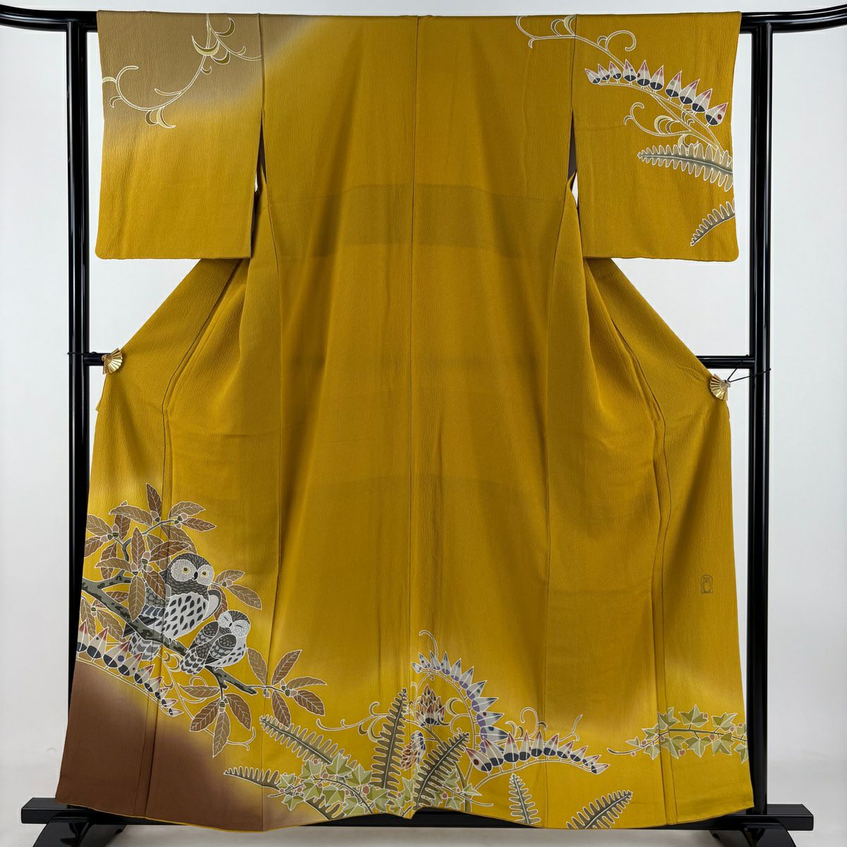 【美品】訪問服 身長157cm 袖長61cm S 雙層 大和 貓頭鷹 葉與果實 漸層 山吹色 純蠶絲 逸品級