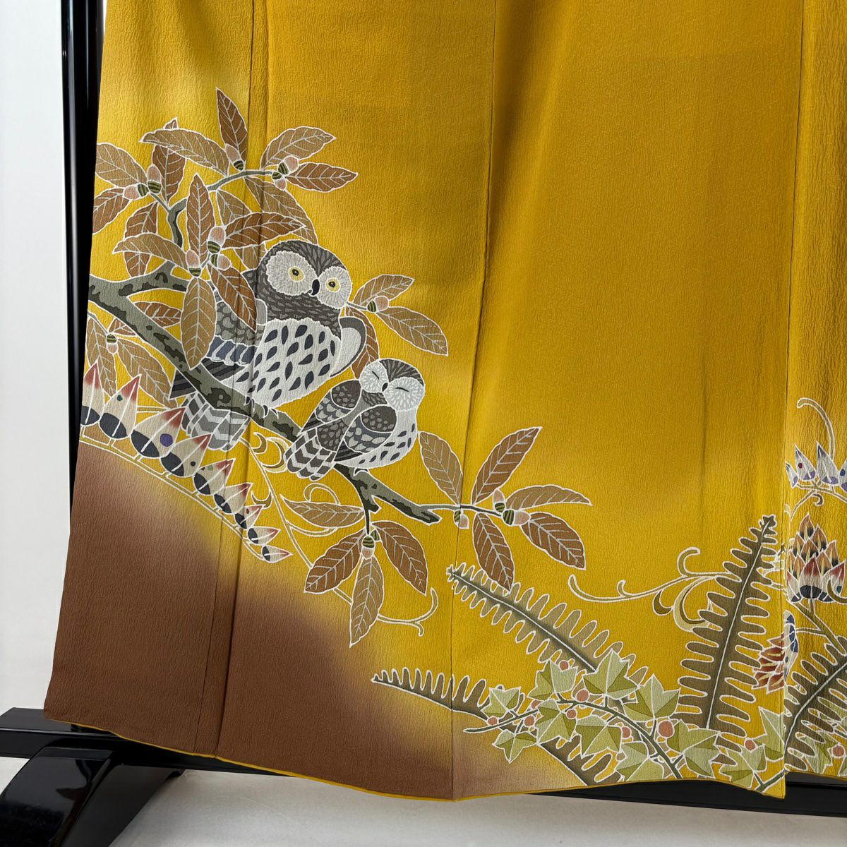 【美品】訪問服 身長157cm 袖長61cm S 雙層 大和 貓頭鷹 葉與果實 漸層 山吹色 純蠶絲 逸品級