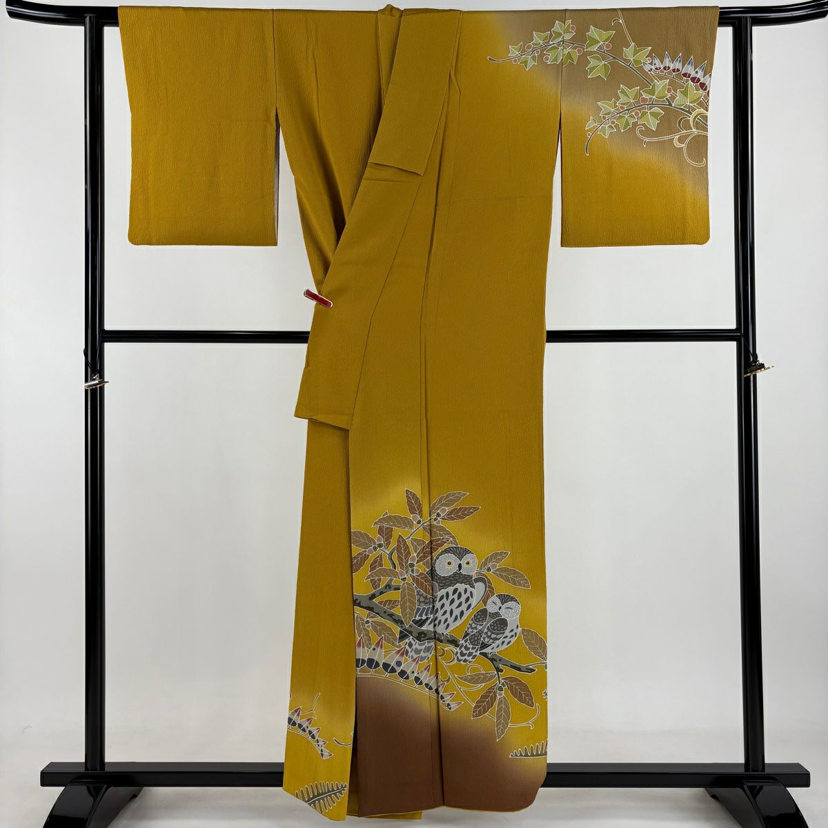 【美品】訪問服 身長157cm 袖長61cm S 雙層 大和 貓頭鷹 葉與果實 漸層 山吹色 純蠶絲 逸品級
