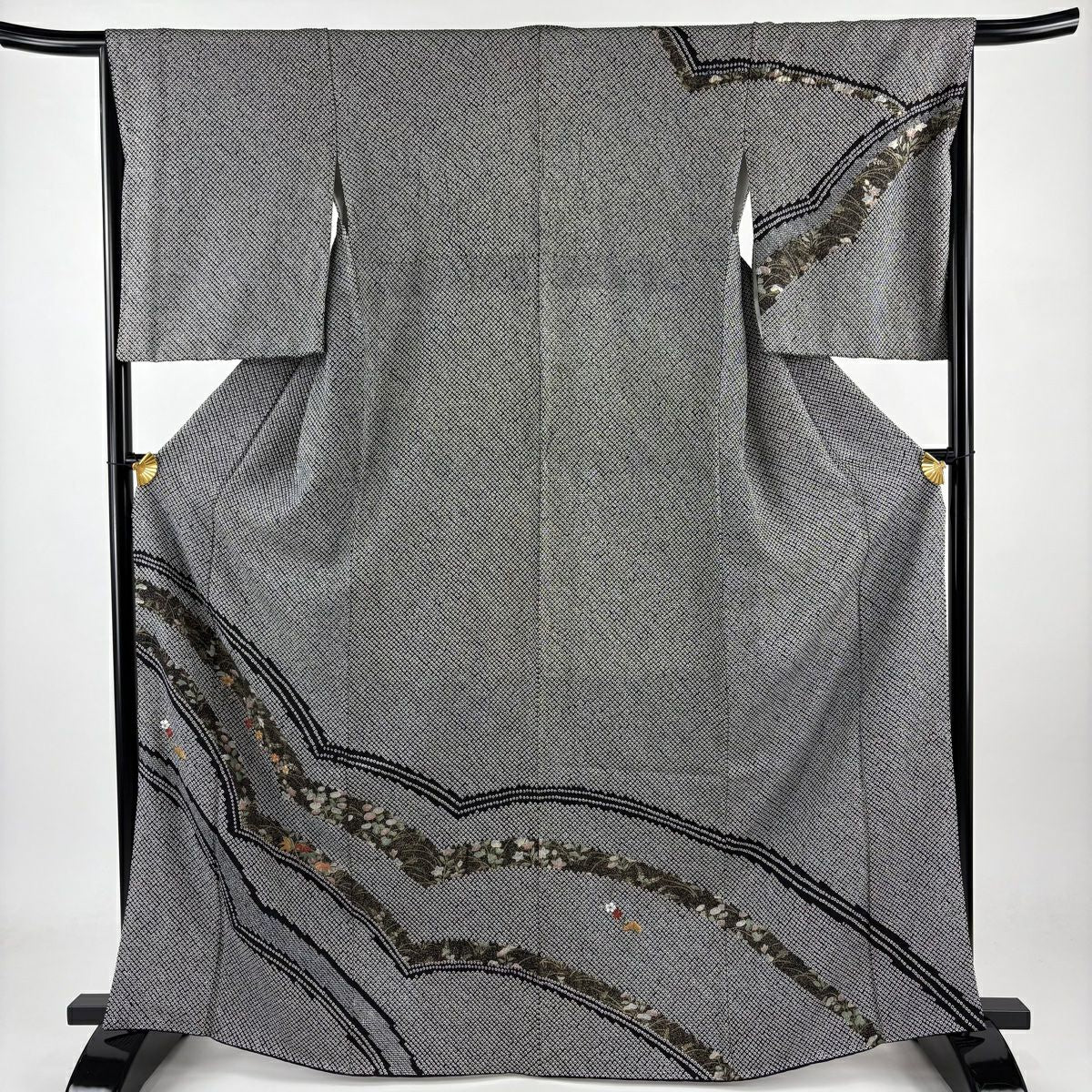 訪問服 身長166cm 袖長66cm M 雙層 秋草 松樹竹子梅花 刺繡 絞染 黑 純蠶絲 名品級