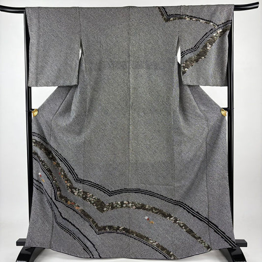 訪問服 身長166cm 袖長66cm M 雙層 秋草 松樹竹子梅花 刺繡 絞染 黑 純蠶絲 名品級