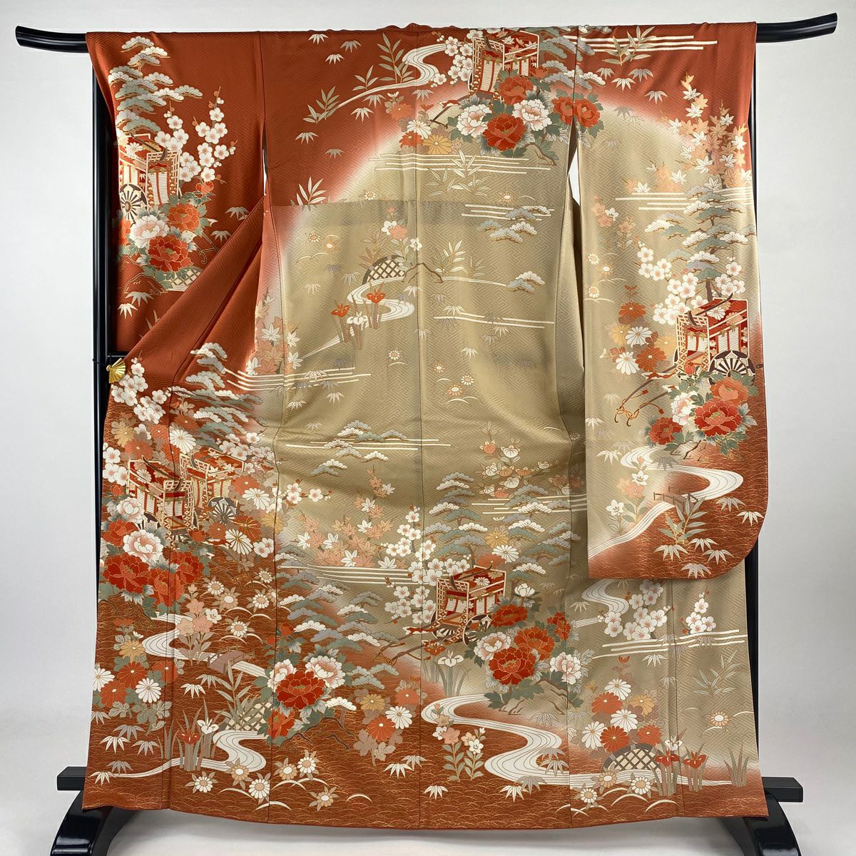 振袖禮服 身長169cm 袖長67.5cm L 雙層 御所車 菊花 金絲 金銀彩 朱 純蠶絲 名品級
