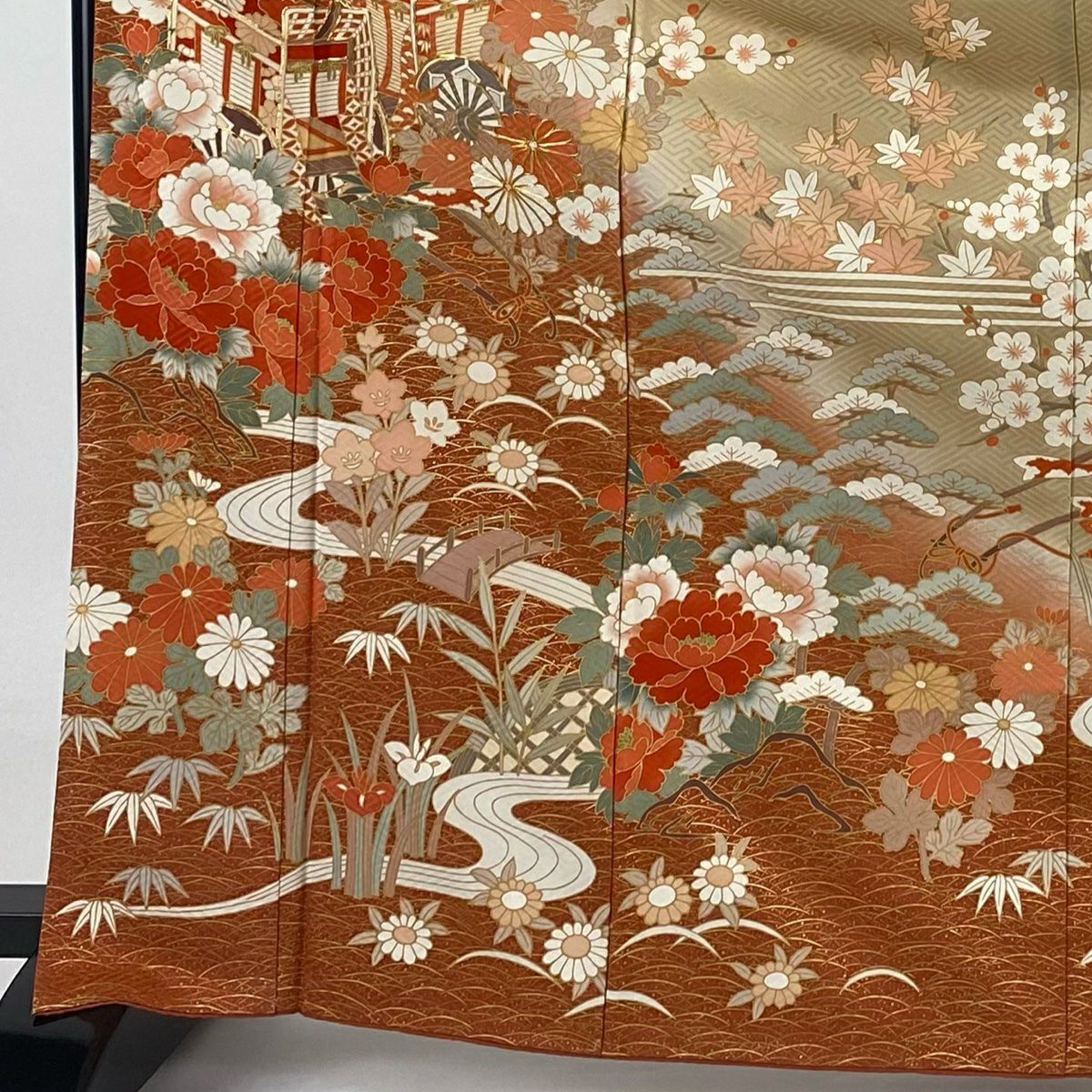 振袖禮服 身長169cm 袖長67.5cm L 雙層 御所車 菊花 金絲 金銀彩 朱 純蠶絲 名品級