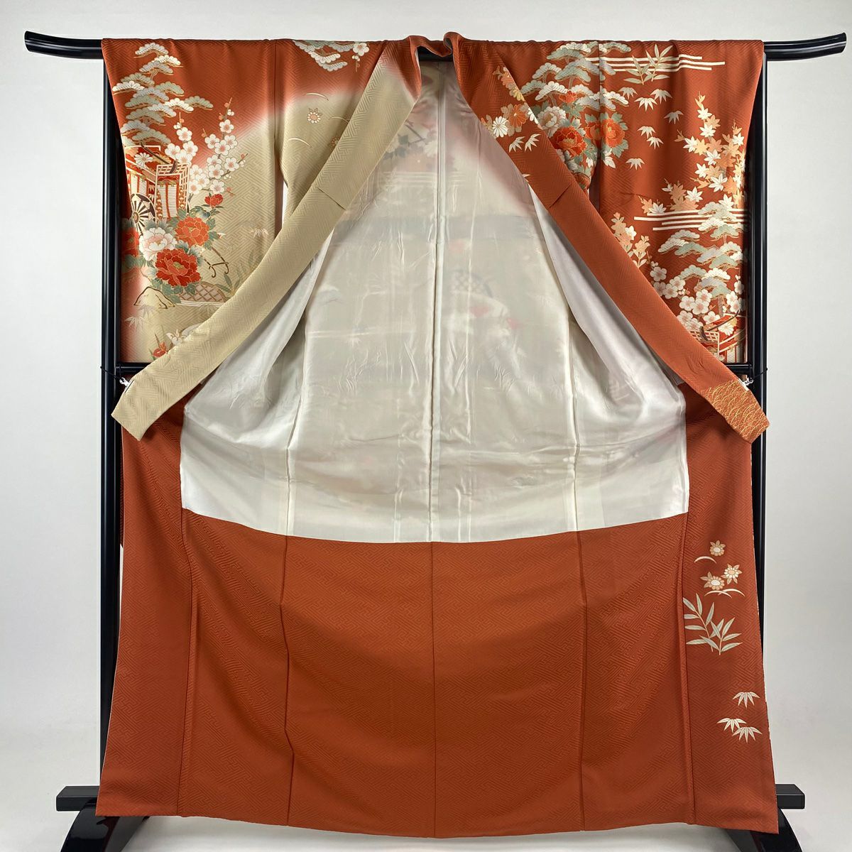 振袖禮服 身長169cm 袖長67.5cm L 雙層 御所車 菊花 金絲 金銀彩 朱 純蠶絲 名品級