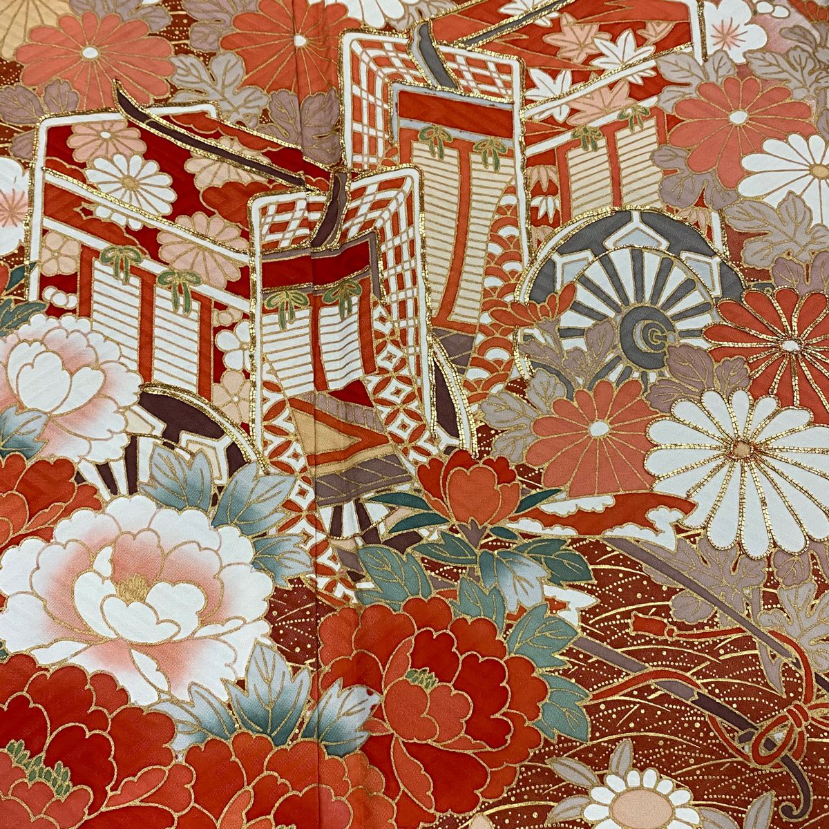 振袖禮服 身長169cm 袖長67.5cm L 雙層 御所車 菊花 金絲 金銀彩 朱 純蠶絲 名品級