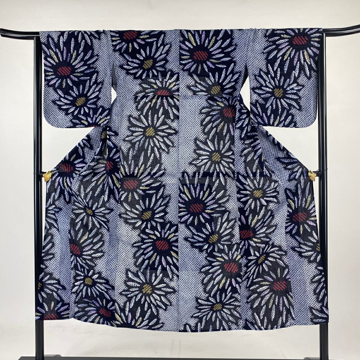 浴衣 身長145.5cm 袖長64cm M 絞染浴衣 花 深藍 棉 美品 名品級