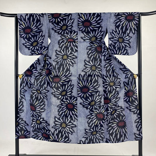 浴衣 身長145.5cm 袖長64cm M 絞染浴衣 花 深藍 棉 美品 名品級