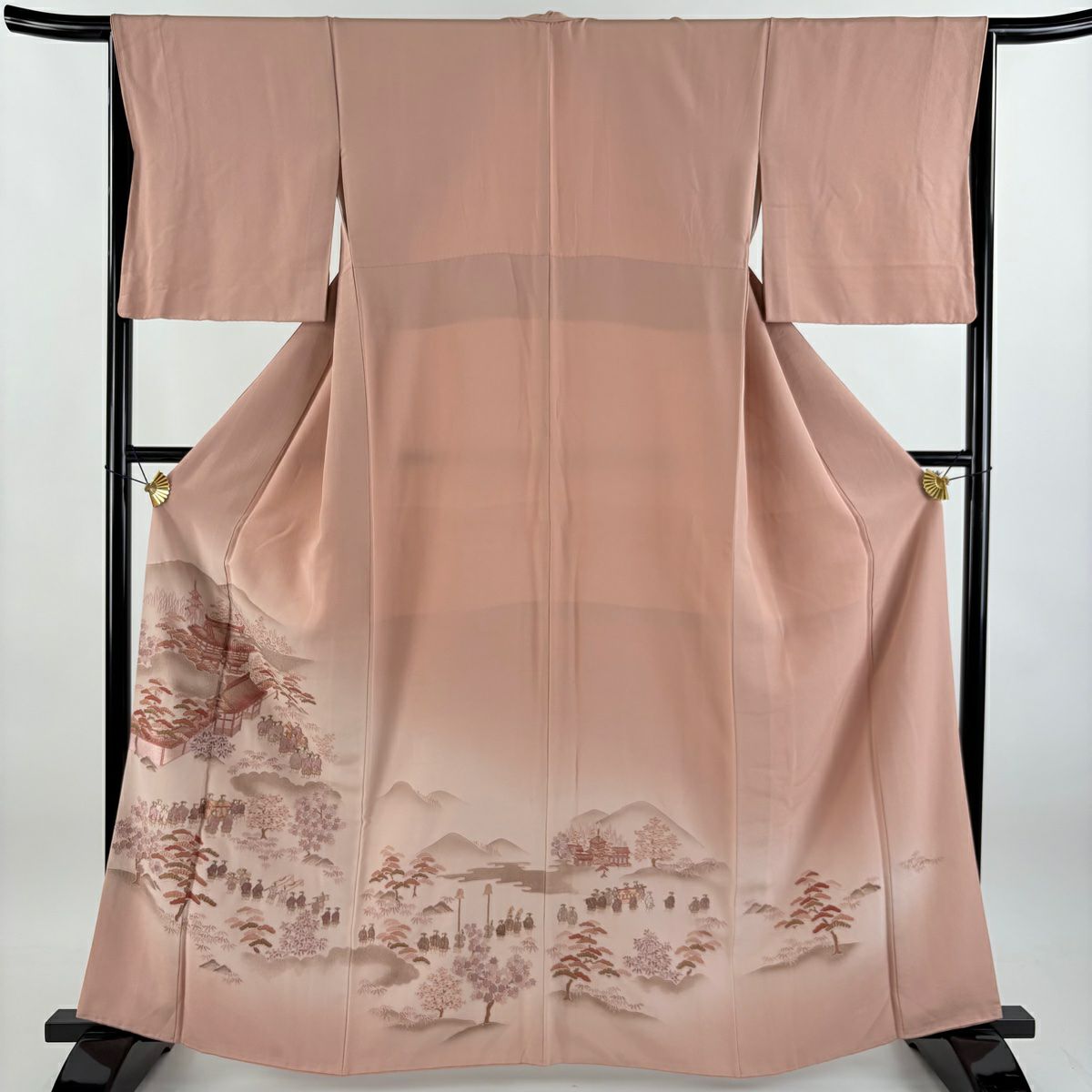 付下 身長162cm 袖長66cm M 雙層 風景 大名行列 金絲 刺繡 粉紅 純蠶絲 優品級