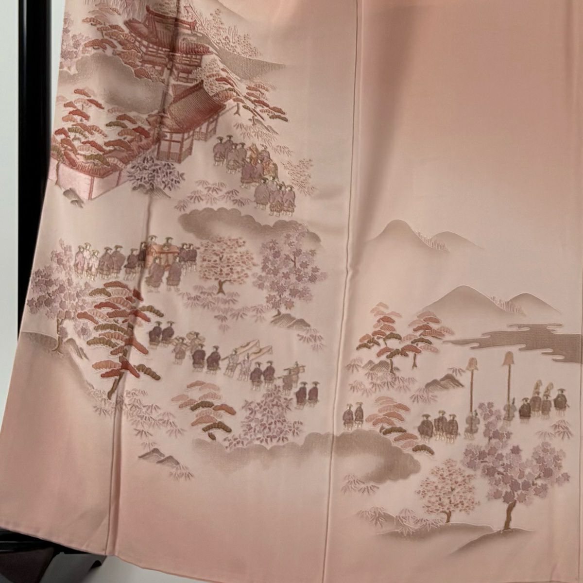 付下 身長162cm 袖長66cm M 雙層 風景 大名行列 金絲 刺繡 粉紅 純蠶絲 優品級
