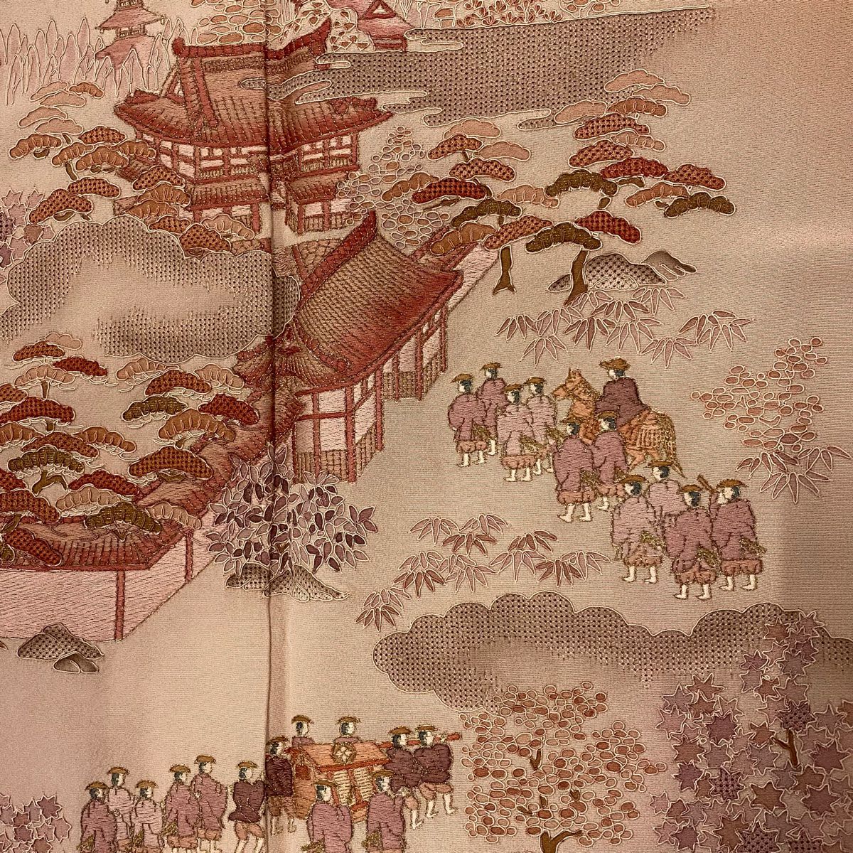 付下 身長162cm 袖長66cm M 雙層 風景 大名行列 金絲 刺繡 粉紅 純蠶絲 優品級
