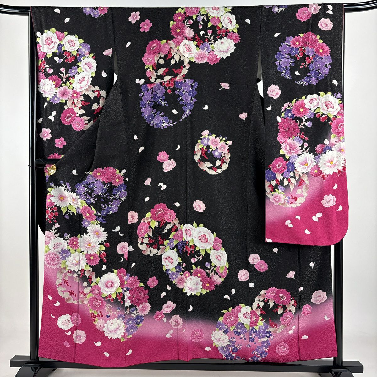 【美品】振袖禮服 身長156.5cm 袖長66.5cm M 雙層 大和 花丸紋 櫻 銀通 金銀彩 黑 純蠶絲 逸品級