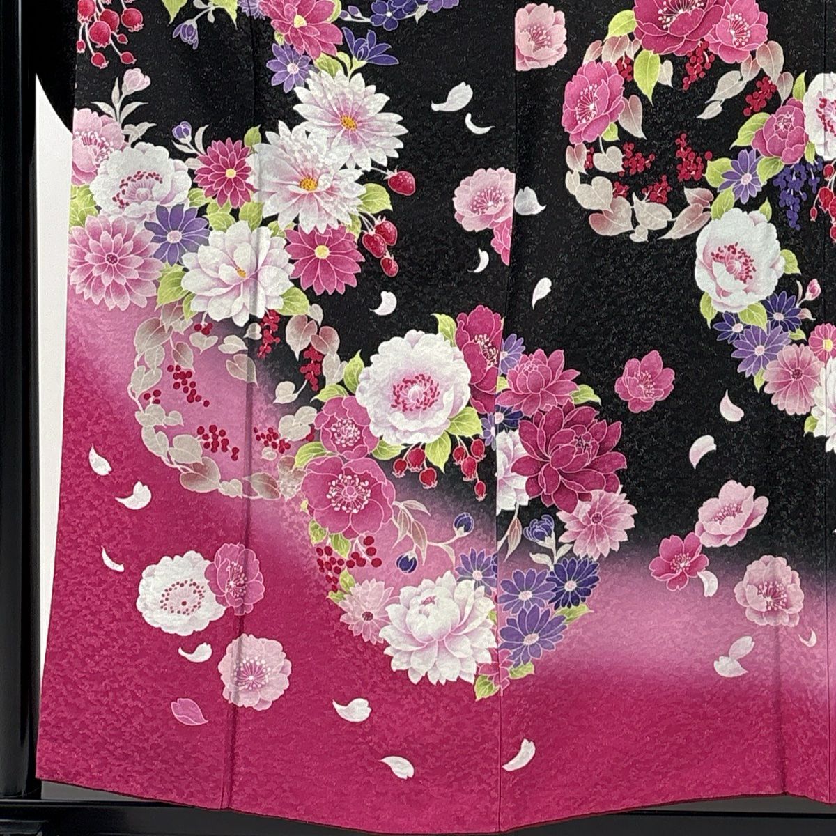 【美品】振袖禮服 身長156.5cm 袖長66.5cm M 雙層 大和 花丸紋 櫻 銀通 金銀彩 黑 純蠶絲 逸品級