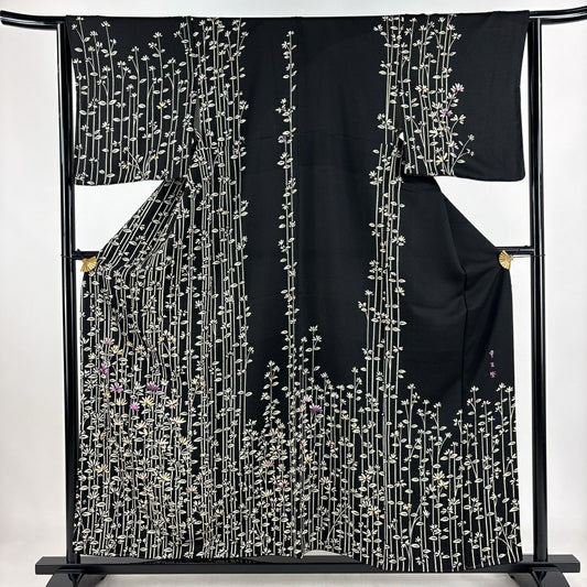 【美品】訪問服 身長157cm 袖長64cm M 雙層 帝王紫 落款 菊花花刺繡 金彩裝飾 黑色 純蠶絲 逸品級
