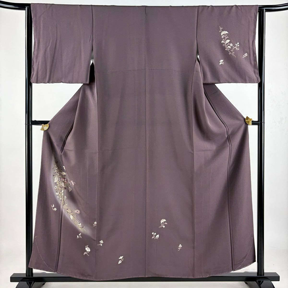 付下 身長156cm 袖長63.5cm S 雙層 草花紋紋 刺繡 金彩裝飾 紫 純蠶絲 秀品級