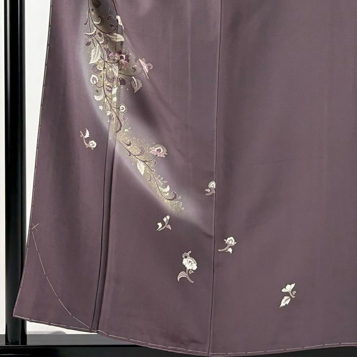 付下 身長156cm 袖長63.5cm S 雙層 草花紋紋 刺繡 金彩裝飾 紫 純蠶絲 秀品級