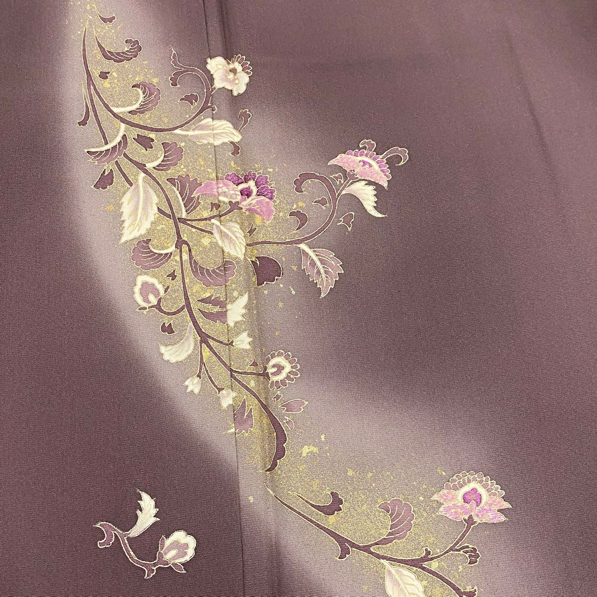 付下 身長156cm 袖長63.5cm S 雙層 草花紋紋 刺繡 金彩裝飾 紫 純蠶絲 秀品級