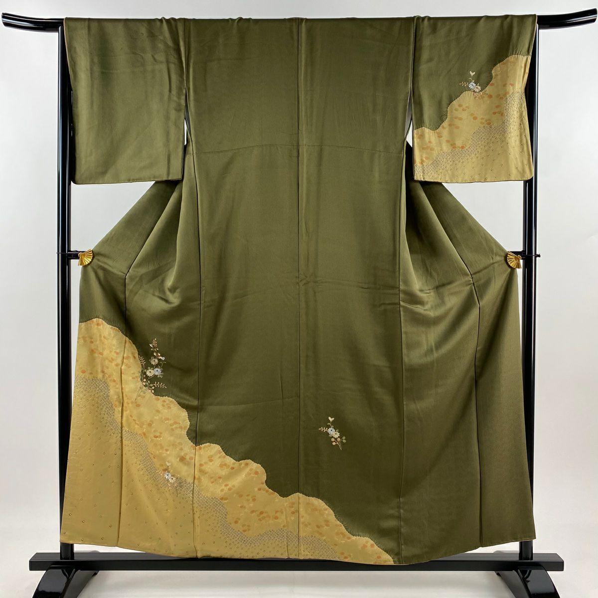 付下 身長155.5cm 袖長67cm M 雙層 菊花 萩 刺繡 絞染 茶綠 純蠶絲 秀品級