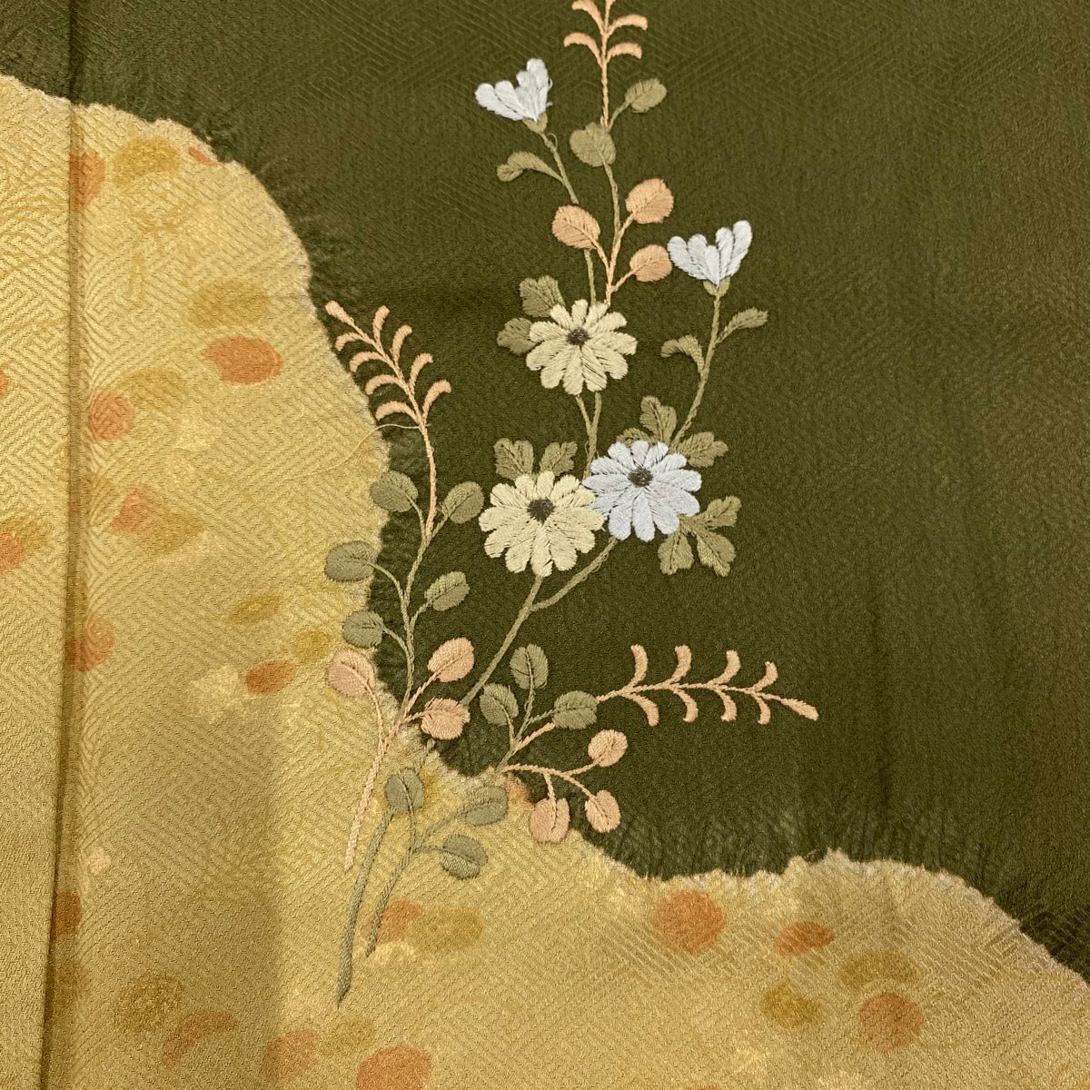 付下 身長155.5cm 袖長67cm M 雙層 菊花 萩 刺繡 絞染 茶綠 純蠶絲 秀品級
