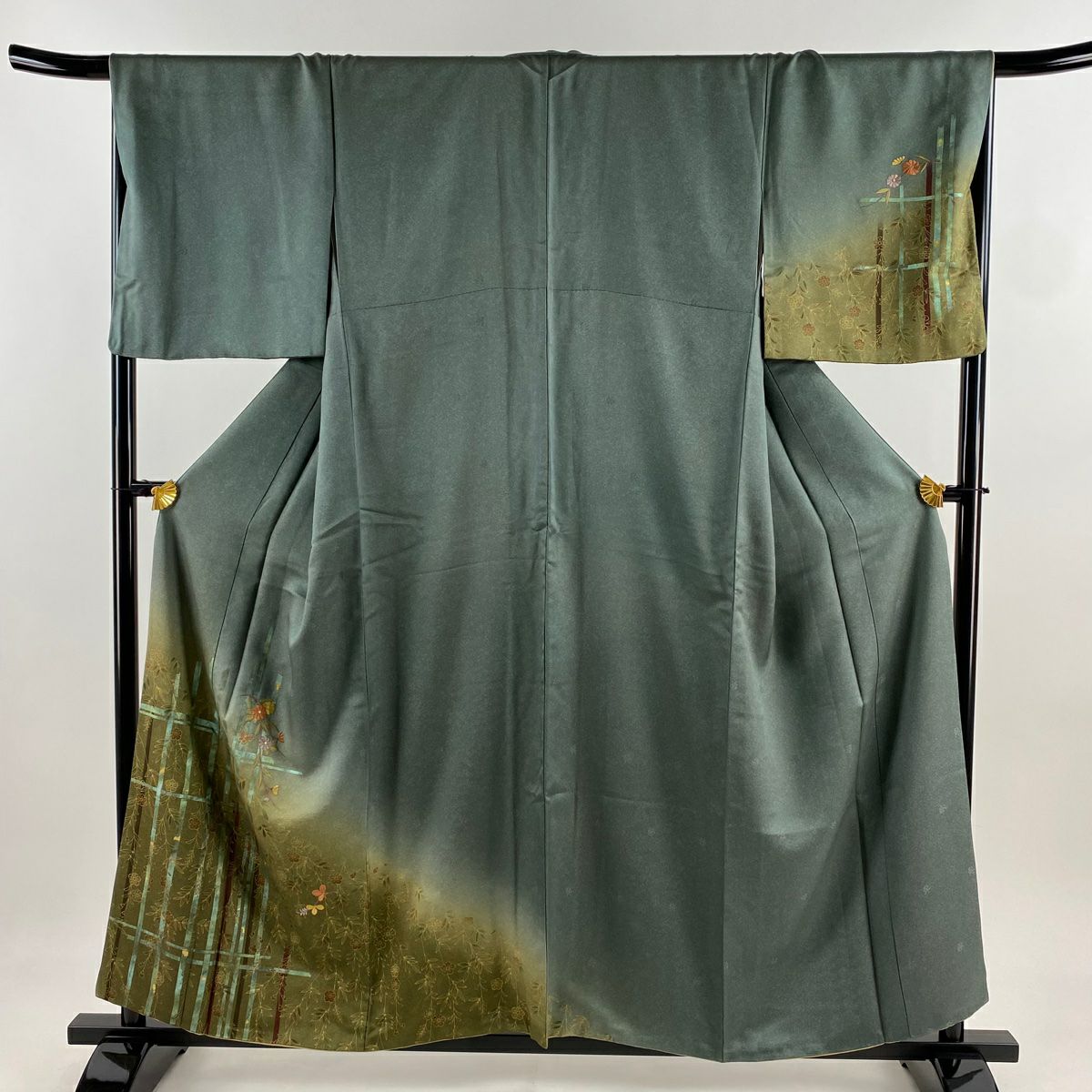 付下 身長158cm 袖長67cm M 雙層 草花紋紋 蝶刺繡 金線 灰綠 純蠶絲 優品級