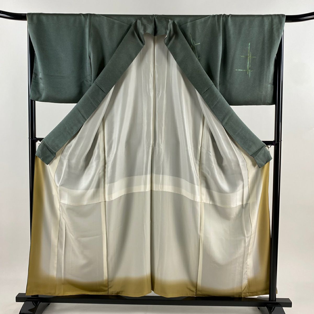 付下 身長158cm 袖長67cm M 雙層 草花紋紋 蝶刺繡 金線 灰綠 純蠶絲 優品級