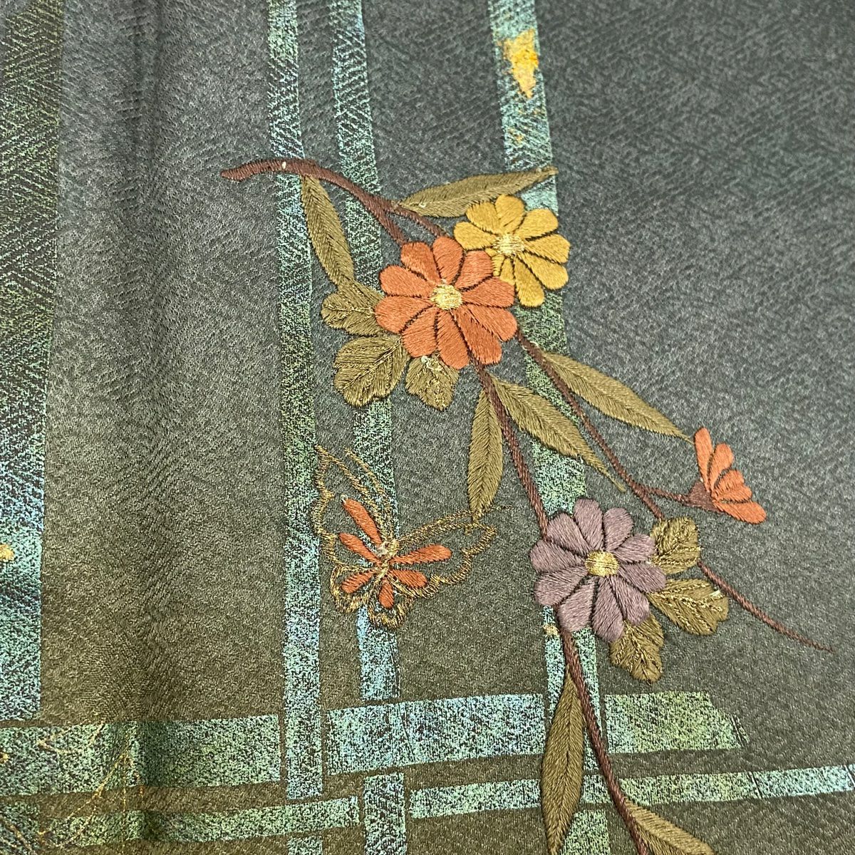 付下 身長158cm 袖長67cm M 雙層 草花紋紋 蝶刺繡 金線 灰綠 純蠶絲 優品級