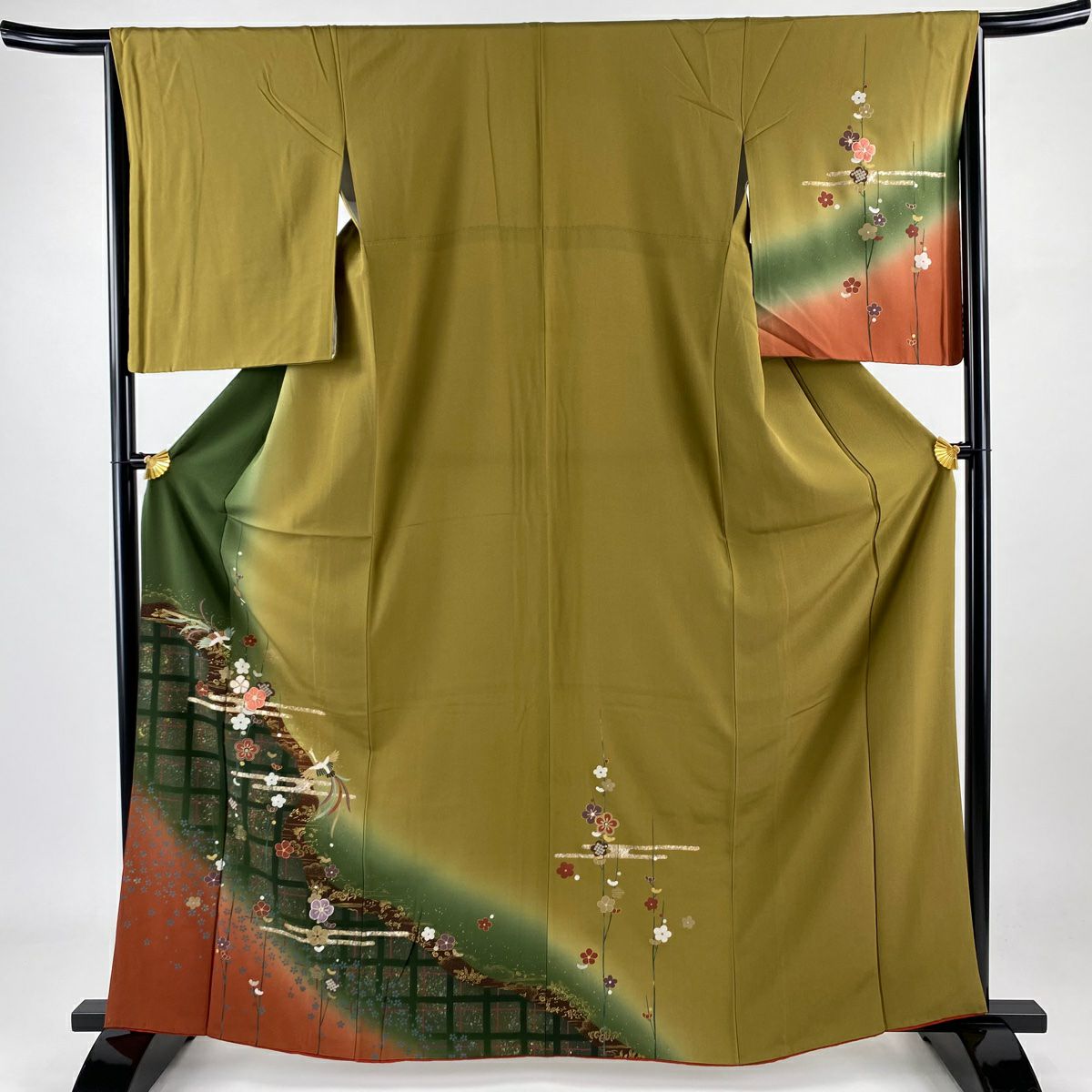 訪問服 身長163.5cm 袖長65.5cm M 雙層 梅花 鳳凰 刺繡 金銀彩 茶綠 純蠶絲 秀品級