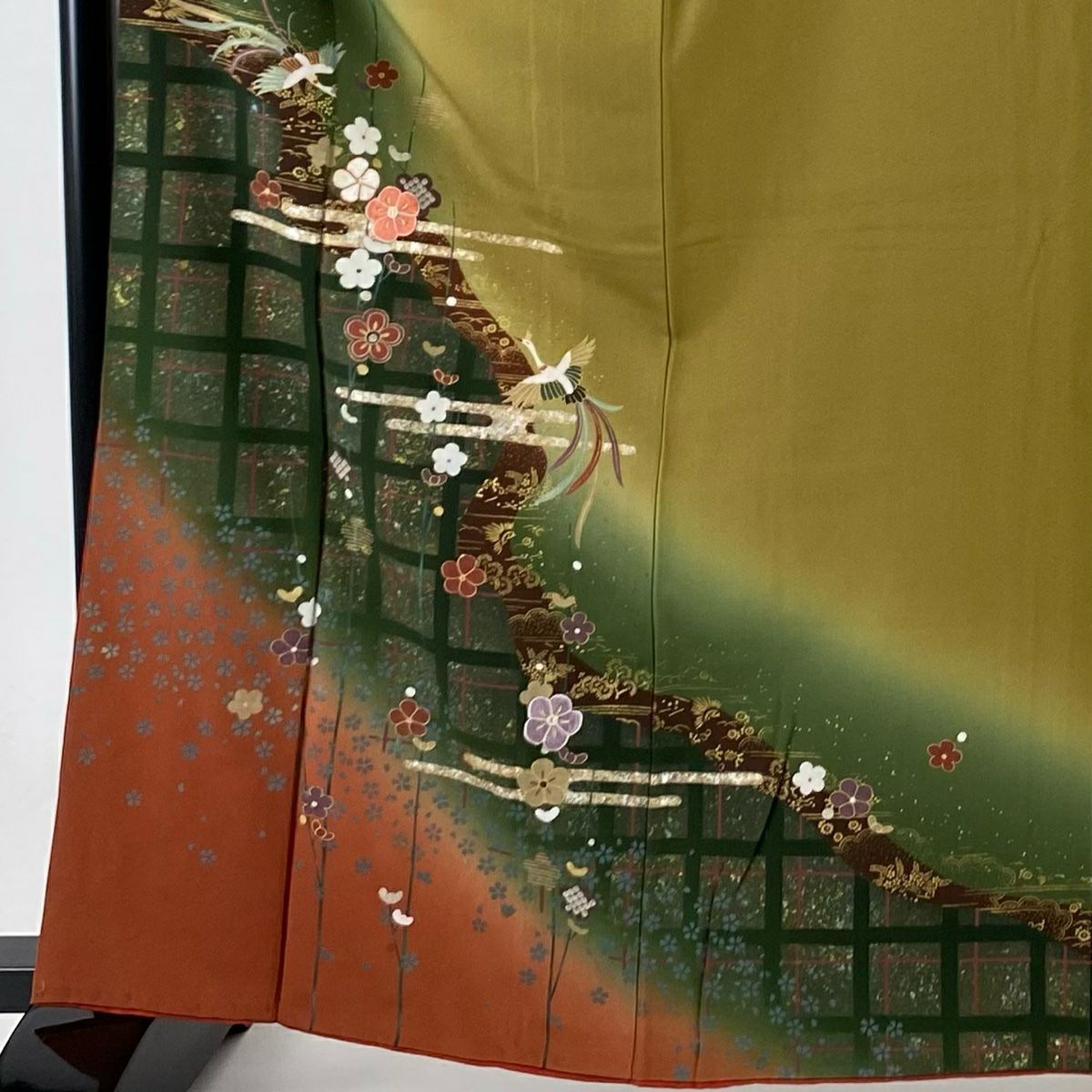 訪問服 身長163.5cm 袖長65.5cm M 雙層 梅花 鳳凰 刺繡 金銀彩 茶綠 純蠶絲 秀品級