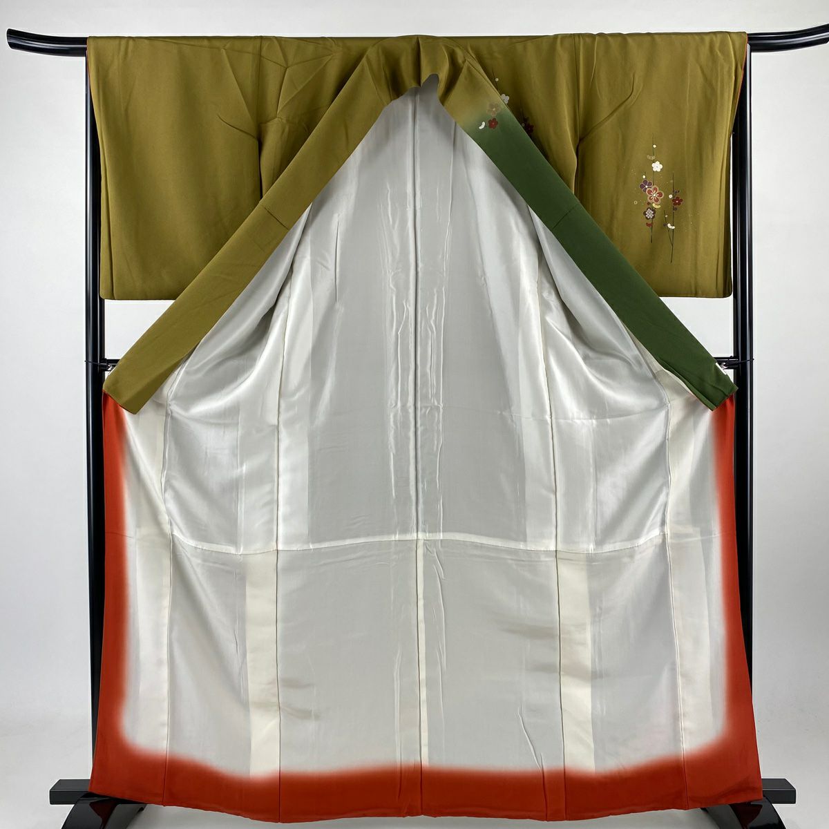 訪問服 身長163.5cm 袖長65.5cm M 雙層 梅花 鳳凰 刺繡 金銀彩 茶綠 純蠶絲 秀品級