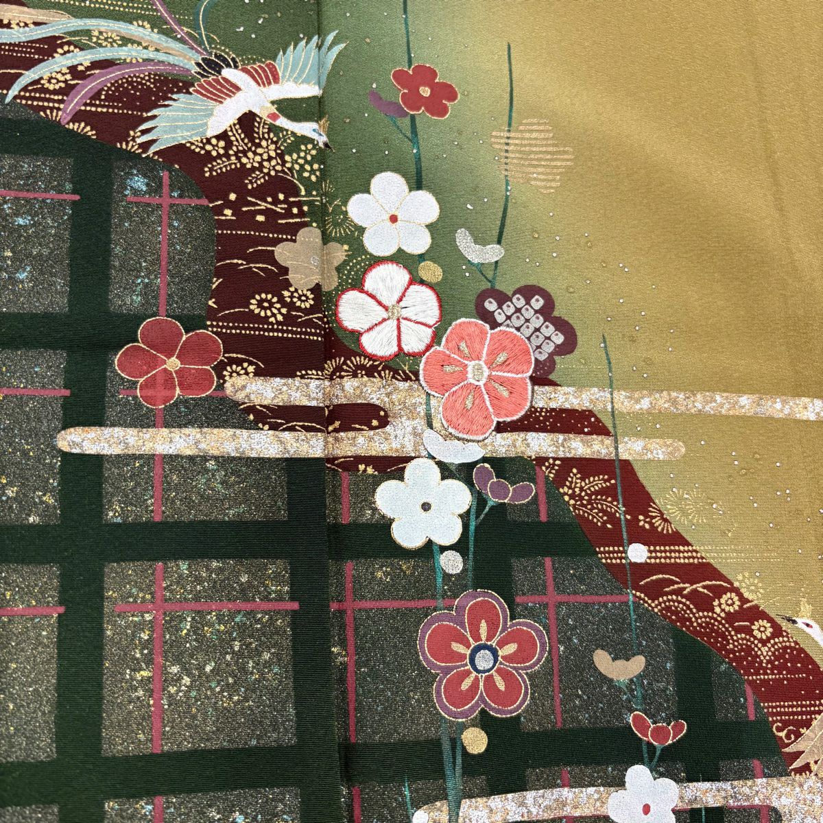 訪問服 身長163.5cm 袖長65.5cm M 雙層 梅花 鳳凰 刺繡 金銀彩 茶綠 純蠶絲 秀品級