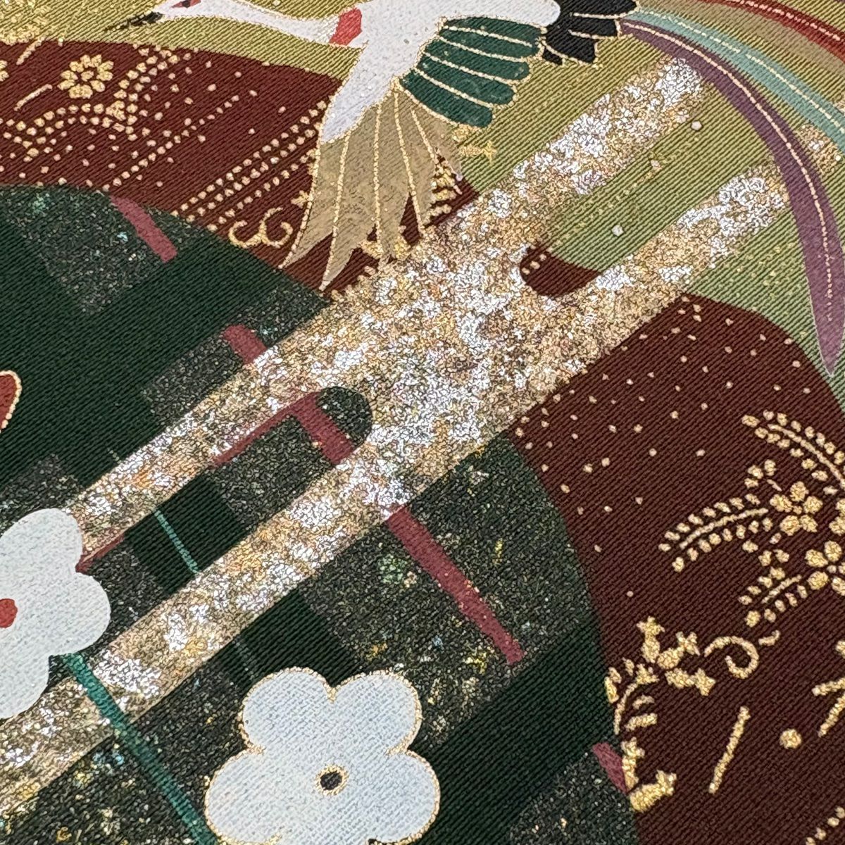 訪問服 身長163.5cm 袖長65.5cm M 雙層 梅花 鳳凰 刺繡 金銀彩 茶綠 純蠶絲 秀品級