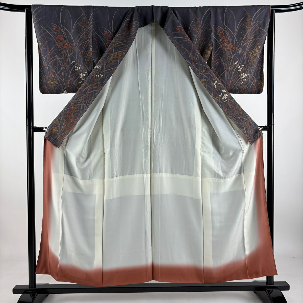 訪問服 身長154.5cm 袖長62cm S 雙層 草花紋紋 金彩裝飾 漸層 灰紫 純蠶絲 優品級