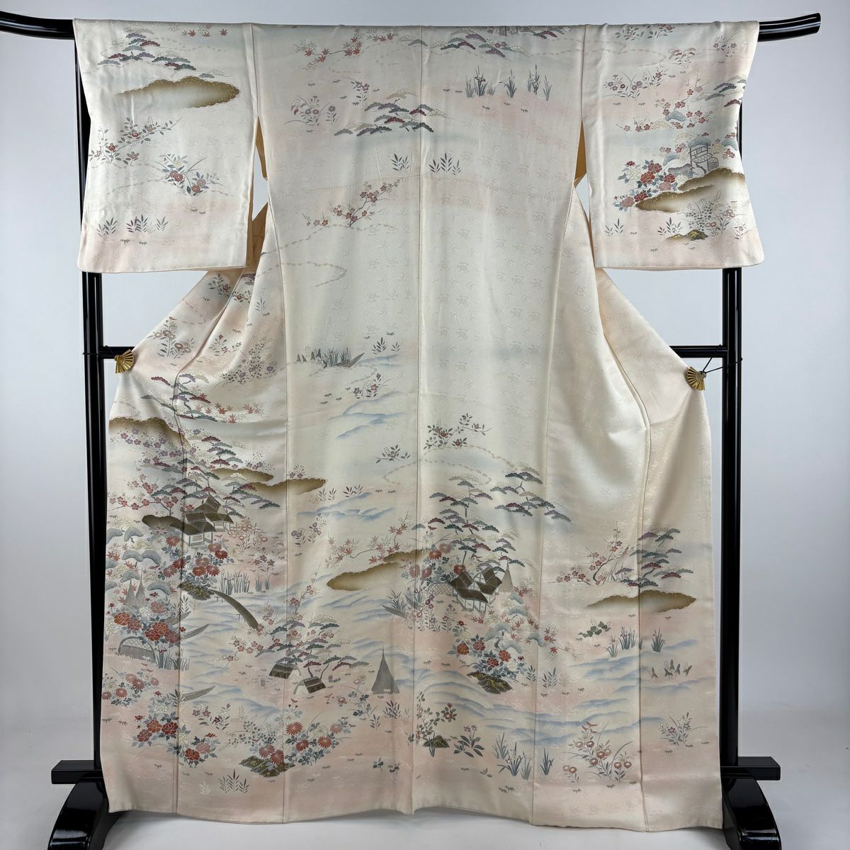 訪問服 身長167cm 袖長66cm M 雙層 家屋 松樹竹子梅花 刺繡 金彩裝飾 淺粉色 純蠶絲 優品級
