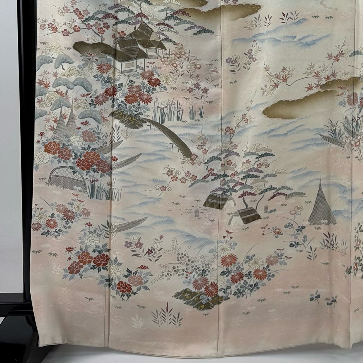 訪問服 身長167cm 袖長66cm M 雙層 家屋 松樹竹子梅花 刺繡 金彩裝飾 淺粉色 純蠶絲 優品級