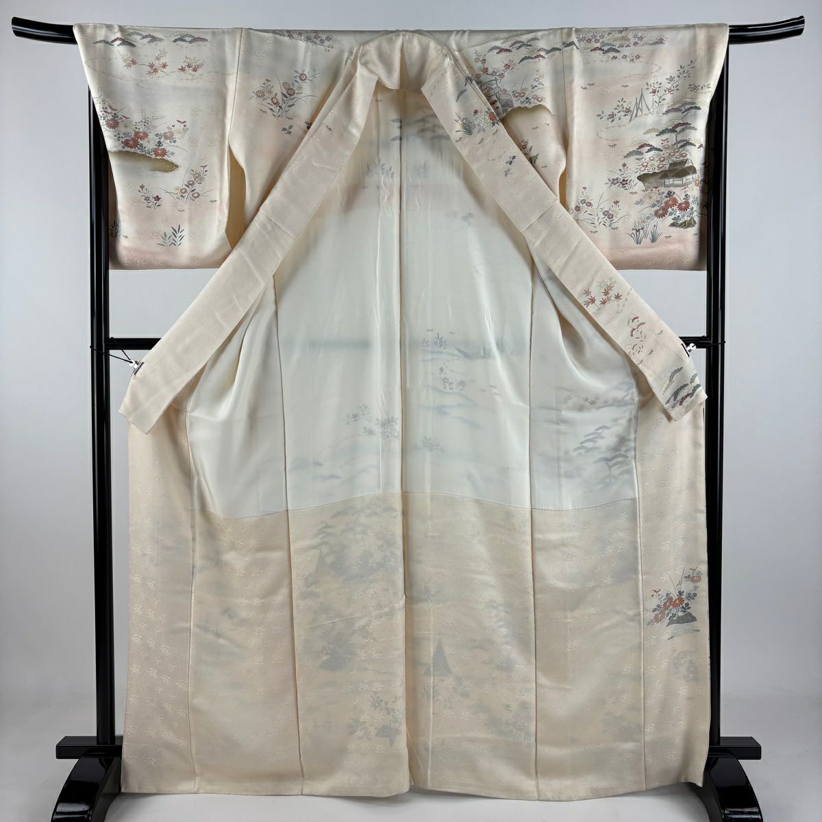 訪問服 身長167cm 袖長66cm M 雙層 家屋 松樹竹子梅花 刺繡 金彩裝飾 淺粉色 純蠶絲 優品級
