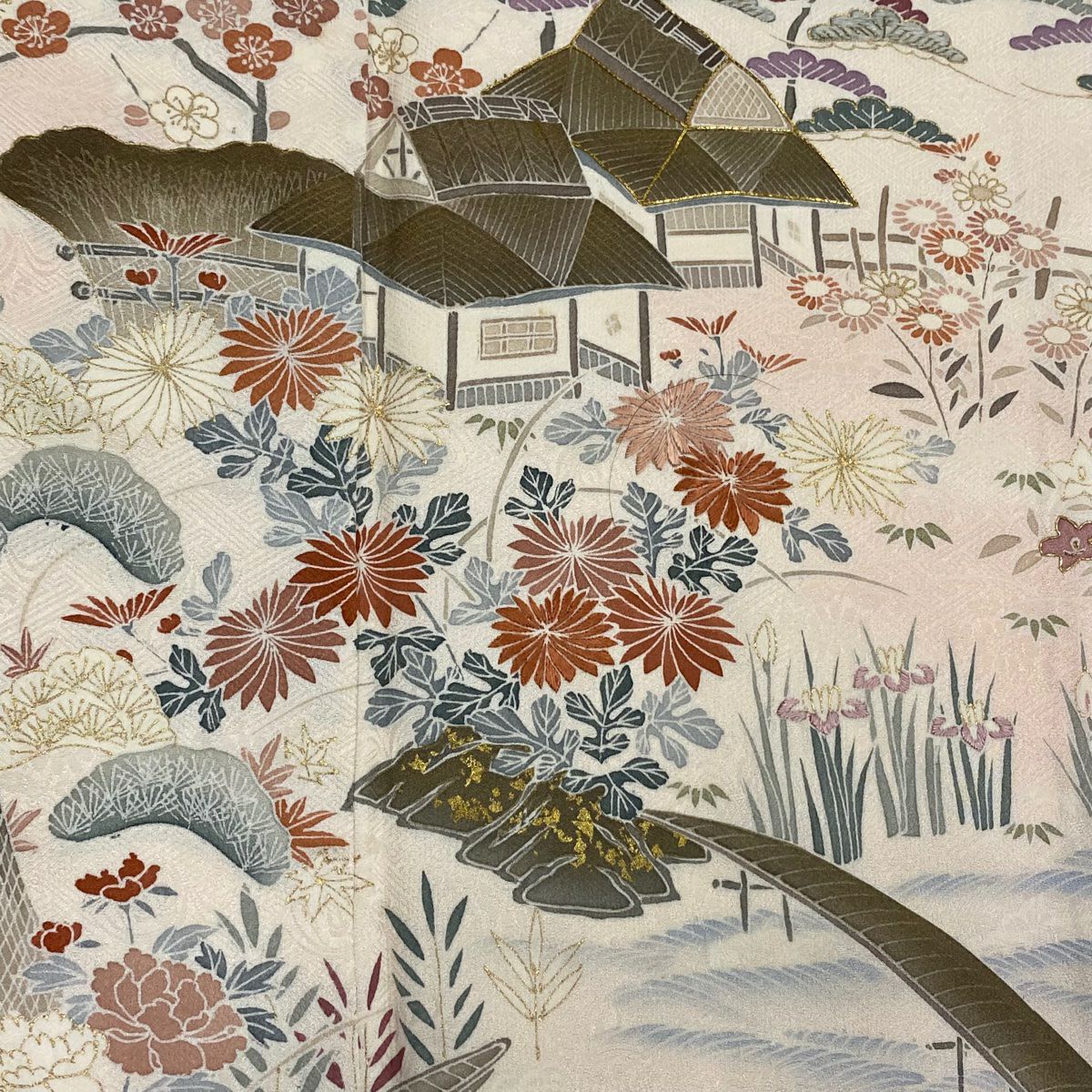 訪問服 身長167cm 袖長66cm M 雙層 家屋 松樹竹子梅花 刺繡 金彩裝飾 淺粉色 純蠶絲 優品級