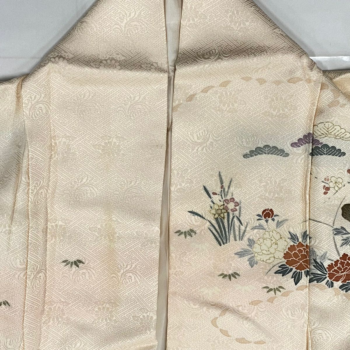 訪問服 身長167cm 袖長66cm M 雙層 家屋 松樹竹子梅花 刺繡 金彩裝飾 淺粉色 純蠶絲 優品級