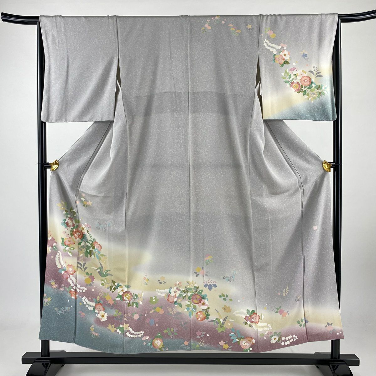 訪問服 身長154cm 袖長66cm M 雙層 落款 草花紋紋 霞 漸變 染分 灰 純蠶絲 優品級