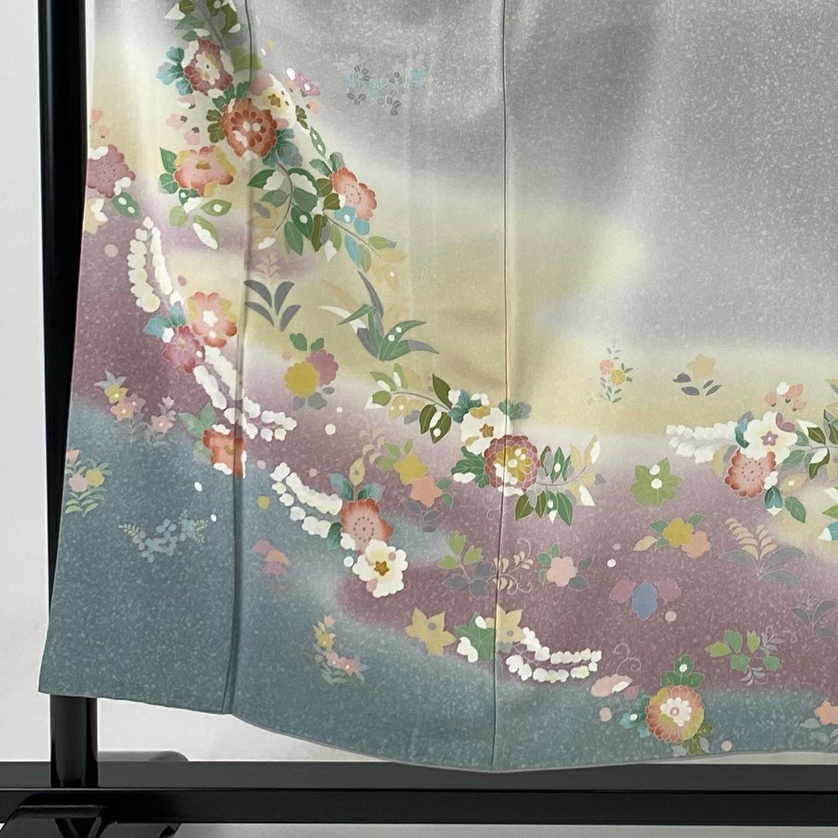 訪問服 身長154cm 袖長66cm M 雙層 落款 草花紋紋 霞 漸變 染分 灰 純蠶絲 優品級