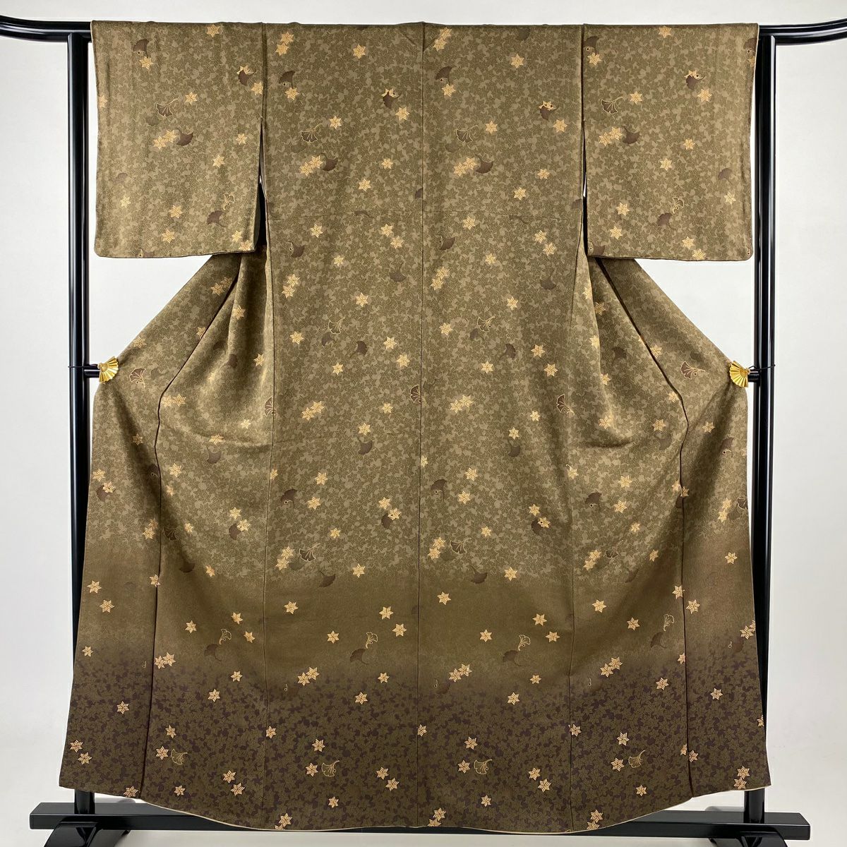 【美品】 付下 身長158cm 袖長63cm S 雙層 銀杏 幾何學 金銀彩 漸層 淺茶 純蠶絲 優品級