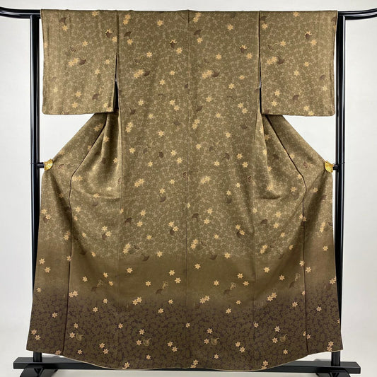 【美品】 付下 身長158cm 袖長63cm S 雙層 銀杏 幾何學 金銀彩 漸層 淺茶 純蠶絲 優品級