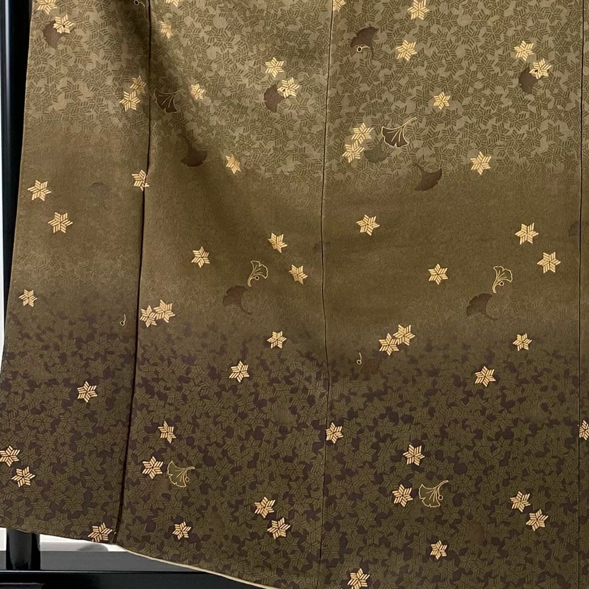 【美品】 付下 身長158cm 袖長63cm S 雙層 銀杏 幾何學 金銀彩 漸層 淺茶 純蠶絲 優品級
