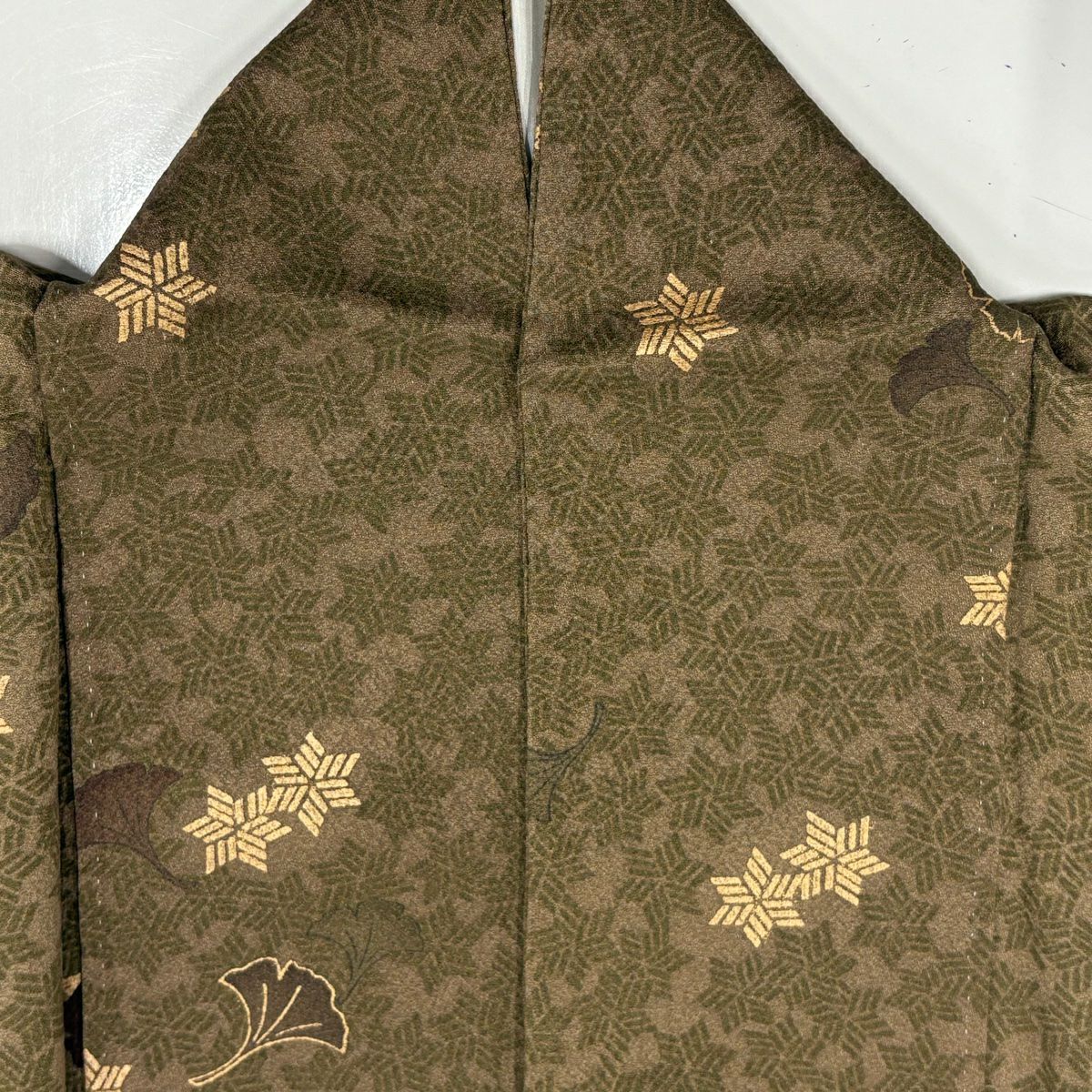 【美品】 付下 身長158cm 袖長63cm S 雙層 銀杏 幾何學 金銀彩 漸層 淺茶 純蠶絲 優品級