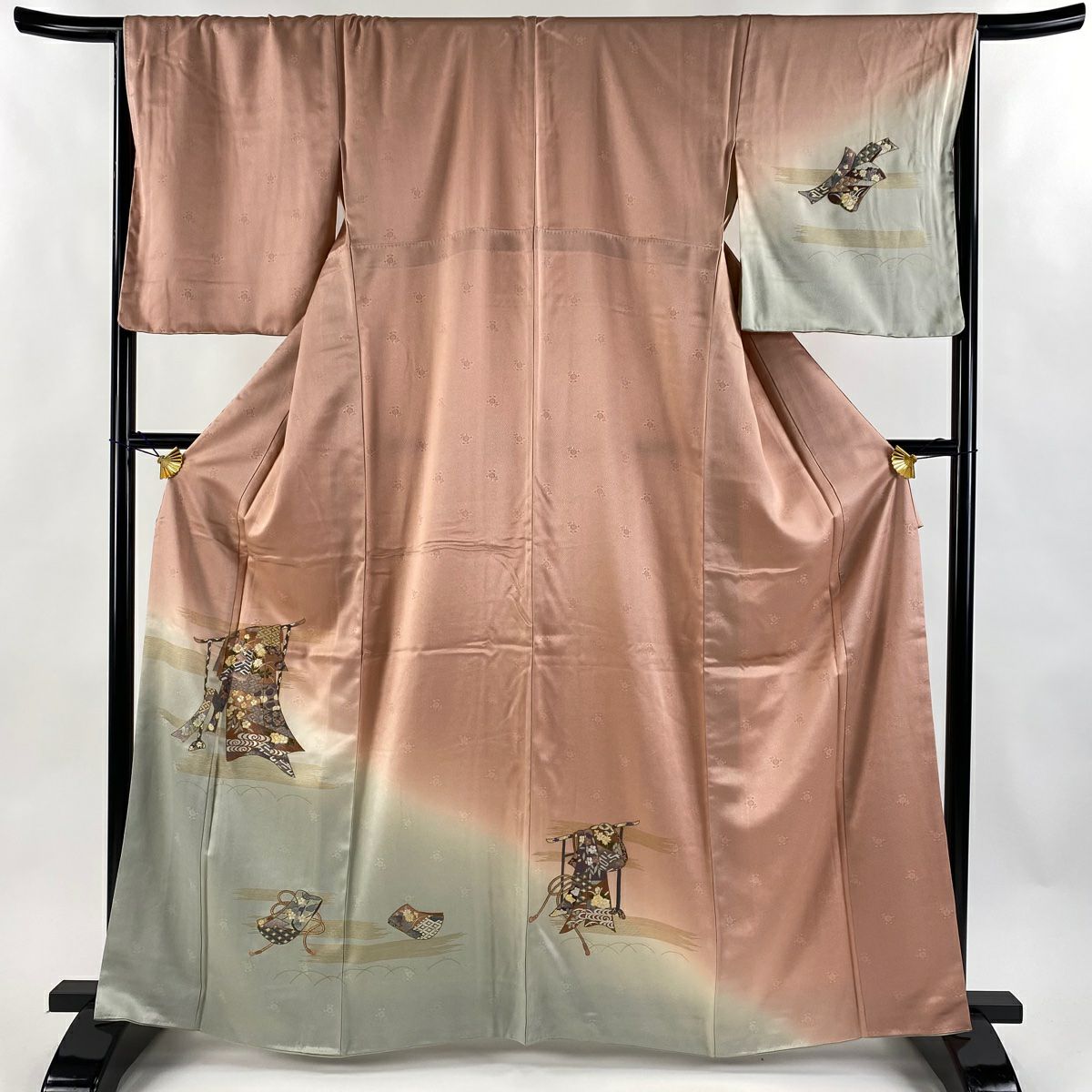 【美品】 付下 身長164cm 袖長67cm M 雙層 誰袖 霞 金絲 刺繡 粉米色 純蠶絲 優品級