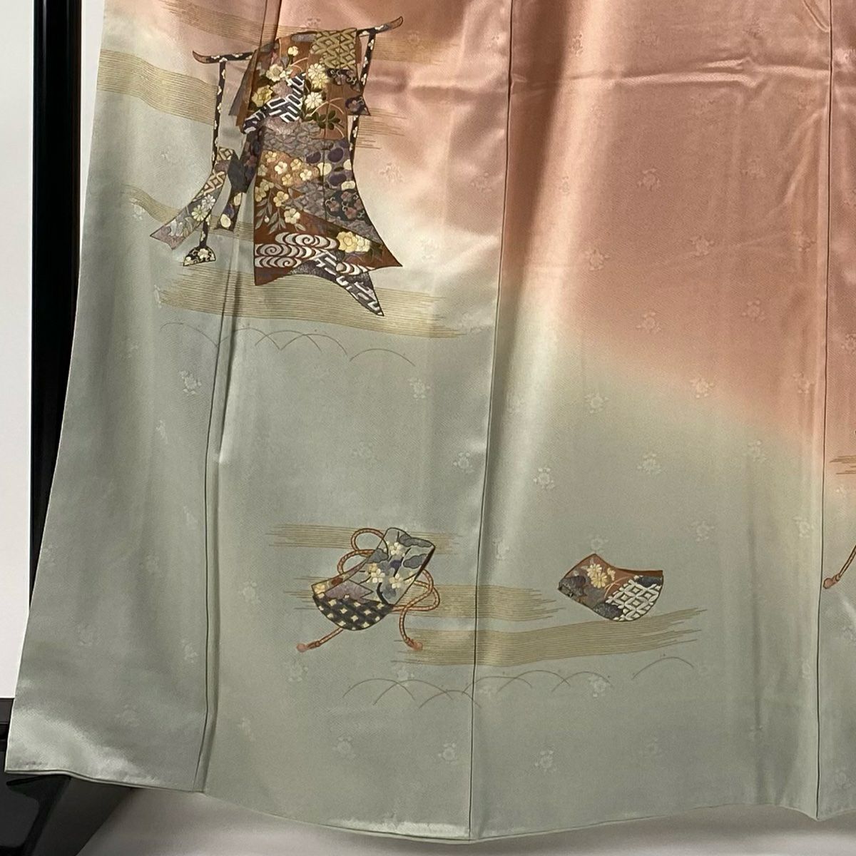 【美品】 付下 身長164cm 袖長67cm M 雙層 誰袖 霞 金絲 刺繡 粉米色 純蠶絲 優品級