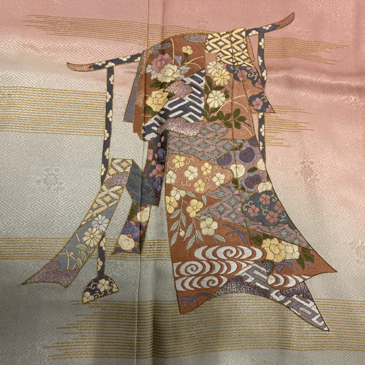 【美品】 付下 身長164cm 袖長67cm M 雙層 誰袖 霞 金絲 刺繡 粉米色 純蠶絲 優品級