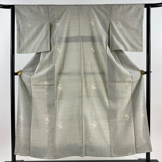 紬織 身長152.5cm 袖長61.5cm S 雙層 草花紋紋 絣 灰色 純蠶絲 秀品級