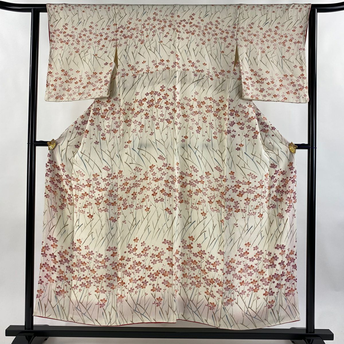 【美品】 小紋 身長154cm 袖長61cm S 雙層 梅花 縮緬 奶油色 純蠶絲 優品級