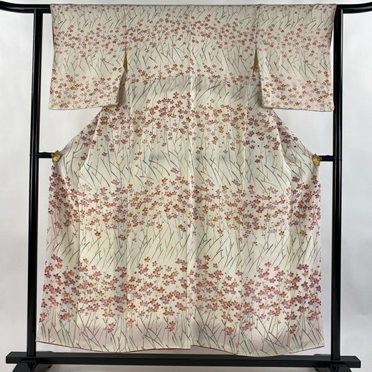 【美品】 小紋 身長154cm 袖長61cm S 雙層 梅花 縮緬 奶油色 純蠶絲 優品級